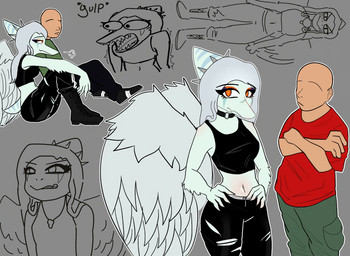 angry anthro bald black_bottomwear black_clothing black_crop_top black_pants black_shirt black_topwear bone_frill boots bottomwear breasts breath choker clenched_teeth clothed clothed_anthro clothed_female clothed_human clothed_male clothing collar crop_top duo elbow_feathers feathered_wings feathers female fingers footwear frill_(anatomy) front_view frown green_bottomwear green_clothing green_pants grey_background grey_body grey_feathers grey_hair hair humanoid_hands jewelry knee_boots knee_highs legwear long_hair looking_at_viewer male male/female markings medium_breasts navel necklace neutral_expression non-mammal_breasts non-mammal_navel orange_eyes pants red_clothing red_shirt red_topwear sharp_teeth shirt shoes simple_background sitting spiked_collar spikes standing striped_markings stripes swallowing teeth topwear torn_bottomwear torn_clothing torn_pants wide_eyed wings yelling lugerhk cavemanon_studios goodbye_volcano_high ko_op_(game_developer) snoot_game anon_(snoot_game) fang_(gvh) human mammal prehistoric_species pterosaur reptile scalie colored hi_res multiple_images shaded sketch