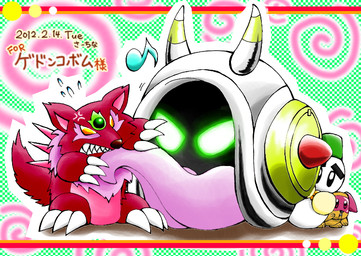 angry behind_another claws feral forehead_gem fur gem glowing glowing_eyes green_eyes grey_shell licking licking_another machine musical_note musical_symbol pattern_background red_body red_fur shell simple_background snow symbol teeth text tongue y2k_(graphic_design) yellow_eyes chasoba11 kirby:_right_back_at_ya! kirby_(series) nintendo maimaigon animate_inanimate canid canine canis chilly_(kirby) demon_beast domestic_dog elemental_creature gastropod mammal mineral_fauna mollusk robot robot_feral robot_pet_(kirby) snail snow_creature wolfwrath 2012 dated english_text japanese_description japanese_text