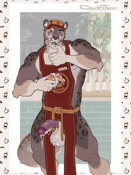 anthro apron apron_only balls biceps biped bodily_fluids clothing coffee_shop cum cum_on_balls cum_on_face cum_on_food cum_on_hand cum_on_penis employee employee_uniform erection fingers food fur genital_fluids genitals grey_body headgear headwear holding_food holding_object humanoid_genitalia humanoid_penis leaking_cum licking_cum looking_at_viewer male markings mostly_nude muscular muscular_anthro muscular_male nipples open_mouth pecs penis smile solo spots standing tail teeth darkthorns felid mammal pantherine snow_leopard digital_media_(artwork) hi_res