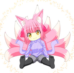 9_tails amber_eyes blush bottomwear breasts chibi clothing female hair looking_at_viewer multi_tail pink_hair shorts simple_background sitting smile solo sweater tail topwear white_background amatlas animal_humanoid canid canid_humanoid canine canine_humanoid fox_humanoid humanoid mammal mammal_humanoid 2020