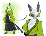 anthro asian_clothing barefoot big_breasts black_clothing black_nose breasts cleavage clothed clothing ear_piercing ears_up east_asian_clothing eyelashes feet female fur green_clothing green_ear_piercing grey_body grey_fur japanese_clothing katana long_tail melee_weapon piercing simple_background solo sword tail toes weapon white_background white_eyes smort_bee canid canine canis domestic_dog mammal hi_res