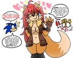 anthro belly blood bodily_fluids bottomless canid canine clothed clothing darkwolfhybrid dialogue ear_piercing english_text eulipotyphlan fan_character female fox gesture group hair heart_symbol hedgehog hi_res male mammal melina_fox miles_prower navel nosebleed piercing red_hair sega slightly_chubby smile sonic_the_hedgehog sonic_the_hedgehog_(series) sweat sweatdrop text waving