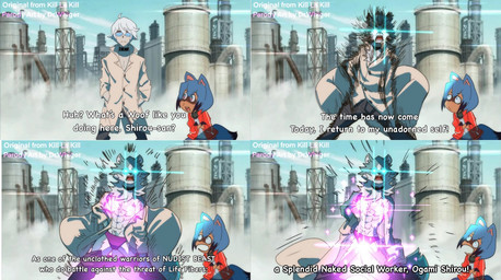 anthro blue_body blue_eyes blue_hair brown_body brown_fur clothing countershading duo female fur hair humor jacket male parody text topwear dr.whiger brand_new_animal kill_la_kill studio_trigger michiru_kagemori shirou_ogami canid canine canis mammal raccoon_dog tanuki wolf 2020 english_text