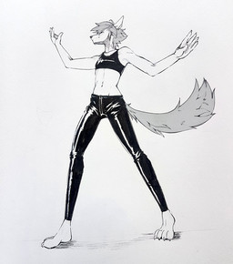 anthro claws clothed clothing hair latex latex_clothing latex_legwear latex_topwear legwear male midriff mouth_closed navel short_hair simple_background solo standing toe_claws topwear unsigned akatan_art canid mammal full-length_portrait monochrome portrait traditional_media_(artwork)