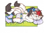 ageplay anthro bed biped brown_eyes clothed clothing diaper footwear furniture hair infantilism legwear lying male multi_tail plushie roleplay short_hair smile socks solo tail wearing_diaper white_diaper young young_anthro familliar canid canine fox mammal