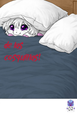 ambiguous_feral ambiguous_gender bed bedding blush feral fur furniture hooves looking_at_viewer lying on_front pillow pink_hooves purple_eyes smile solo text white_body white_fur young young_ambiguous young_feral sorrystickpro fluffy_pony fluffy_pony_(species) mammal 2026 absurd_res digital_media_(artwork) hi_res shaded spanish_text