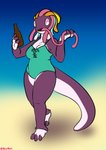 breasts clothing female implied_transformation long_tongue non-mammal_breasts simple_background solo standing swimwear tongue halcy0n crema_(company) temtem lizard reptile scalie temtem_(species) toxolotl_(temtem) hi_res