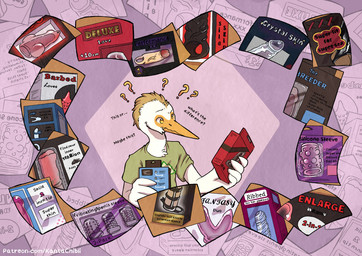 5_fingers anthro bodily_fluids clothed clothed_anthro clothed_male clothing cock_warmer confusion dialogue feathers fingers humanoid_hands indecisive male nervous page_number penetrable_sex_toy penis_clothing sex_shop sex_toy shirt solo speech_bubble standing store sweat text topwear white_body white_feathers kantachibli phillip_(kantachibli) avian bird heron pelecaniform comic english_text url