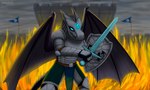 anthro armor armored_body blue_eyes castle clothing female fighting_pose fire fire_background flag grey_background horn melee_weapon pose purple_body purple_scales purple_skin scales shadow shield simple_background solo sword weapon wings aydaharart mythology tiri dragon mythological_creature mythological_scalie scalie absurd_res hi_res