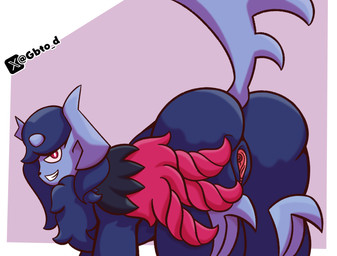 big_butt black_body black_fur blue_body blue_fur butt female feral fur genitals looking_back open_mouth open_smile simple_background smile solo tail vulva goombato_dibujos nintendo pokemon absol generation_3_pokemon mega_absol_z mega_evolution pokemon_(species) hi_res