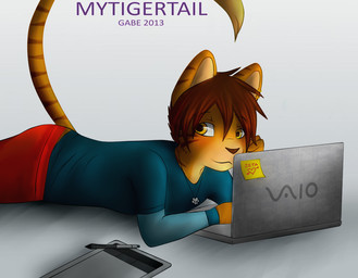 adolescent anthro blush brown_eyes clothing computer countershading drawing_tablet electronics grey_background laptop lying male simple_background solo young young_anthro mytigertail gabe_(mytigertail) felid mammal pantherine tiger 2013 signature