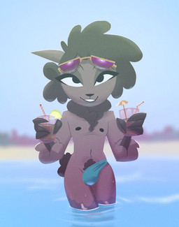anthro beach beverage black_nipples blurred_background bulge c-string clothed clothing container cup eyebrows eyelashes eyewear femboy grey_body male navel nipples partially_submerged pubes skimpy smile solo sunglasses thong topless topless_anthro topless_male underwear pusszone anton_(willwri) bovid caprine mammal sheep 2026 digital_drawing_(artwork) digital_media_(artwork) english_description film_grain hi_res