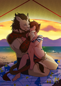 anthro beach beard bedding blanket butt butt_grab clothed clothing cloud cuddling duo eyewear facial_hair fur glasses hair hand_on_butt kissing male male/male outside sand seaside sky sunset teeth topless underwear underwear_only water doodlelu1992 final_fantasy final_fantasy_xiv square_enix animal_humanoid cat_humanoid felid felid_humanoid feline feline_humanoid hrothgar humanoid mammal mammal_humanoid miqo'te digital_media_(artwork) hi_res