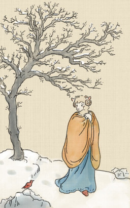 anthro boots clothing duo ears_up eyebrows feathers feral footwear fur horn looking_at_another looking_down male outside plant red_body red_feathers shoes snow tree white_body white_fur white_wool winter wool_(fur) reynard_goodfellow reynard_the_baa avian bird bovid caprine mammal sheep