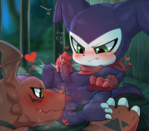 anthro anus balls blush body_worship butt butt_sniffing butt_worship clothing duo embarrassed erection foreskin genitals gloves green_eyes handwear heart_symbol humanoid_genitalia humanoid_penis looking_at_anus lying male male/male male_anthro musk nose_to_anus on_back penis purple_body red_body short short_anthro short_male shortstack shortstack_male size_difference sniffing young hanuvo bandai_namco digimon digimon_(species) guilmon impmon absurd_res hi_res