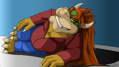 4_fingers anthro belly big_belly biped claws clothing fingers grin hair horn long_hair looking_at_viewer lying male pose simple_background smile solo teeth yellow_eyes madstarr12 mario_bros nintendo bowser koopa scalie 16:9 2014 hi_res source_request unavailable_at_source widescreen