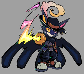 anthro belt black_body black_fur boots cape clothing footwear fur gloves grin handwear hat hat_feather headgear headwear heterochromia loose_feather male melee_weapon pink_sclera rapier shoes smile solo sword weapon yellow_sclera ridgeone1 bandai_namco deltarune digimon digimon_liberator undertale_(series) friend_(deltarune) digimon_(species) felid feline mammal nyabootmon hi_res
