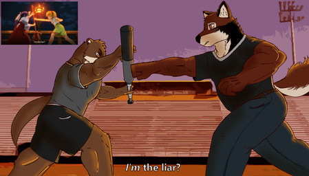 angry anthro baseball_bat bat_(object) belt blocking bottomwear brown_body brown_fur caption clothing denim denim_bottomwear denim_clothing duo evening eye_contact fur holding_object holding_weapon jeans looking_at_another male male/male muscular pants punch red_body red_fur standing tail text weapon sindo_(artist) 07th_expansion echo_(game) echo_(series) echo_project higurashi_when_they_cry when_they_cry chase_hunter leo_alvarez rika_furude satoko_hojo asian_small-clawed_otter canid canine canis humanoid mammal mustelid otter red_wolf wolf reference_image