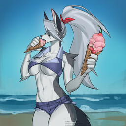 anthro big_breasts bottomwear breasts clothed clothing dessert female food fur hair ice_cream ponytail shorts solo tail text thick_thighs topwear under_boob white_body white_fur pulred hellaverse helluva_boss mythology loona_(helluva_boss) canid canid_demon canine demon hellhound mammal mythological_canine mythological_creature 1:1 digital_media_(artwork) english_text hi_res url