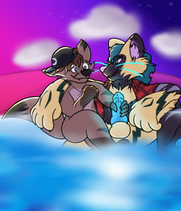 ambiguous_gender anthro backwards_hat bath clothed clothing duo genitals hat headgear headwear interspecies knot male masturbation partially_clothed penis pokephilia romantic water nicomancer nintendo pokemon nico_valleharra_(zeraora) canid canine fox generation_7_pokemon legendary_pokemon mammal pokemon_(species) zeraora absurd_res hi_res