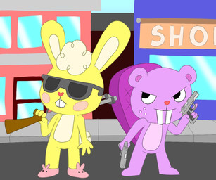 anthro duo eyewear glasses gun male ranged_weapon weapon happy_tree_friends cuddles_(htf) toothy_(htf) beaver lagomorph leporid mammal rabbit rodent 6:5 hi_res
