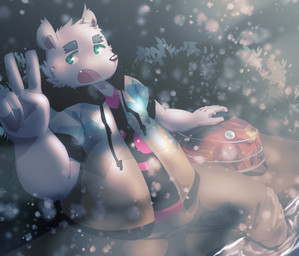 anthro backpack belly biped black_nose clothing fur gesture green_eyes hand_gesture humanoid_hands male open_mouth outside overweight overweight_anthro overweight_male sitting snow solo v_sign white_body white_fur muichigo utau shirane_kan bear mammal polar_bear ursine 2018 hi_res