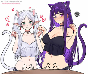 4_ears :3 alternate_species angry bell bell_choker big_breasts black_choker black_clothing black_jewelry black_necklace black_shirt black_topwear blush blush_lines bottomwear bottomwear_down breast_size_difference breasts choker cleavage clothed clothing duo emanata female front_view furniture genitals glistening glistening_body glistening_breasts glistening_skin green_eyes hair heart_symbol human_and_animal_ears humanoid_pointy_ears humanoidized inner_ear_fluff jewelry looking_at_viewer midriff multi_ear navel necklace pants pants_down partially_clothed paw_pose pointy_and_animal_ears pointy_ears pose pouting pubic_tattoo purple_eyes purple_hair purple_tail shirt simple_background small_breasts table table_humping tail tattoo text topwear tuft twintails_(hairstyle) vulva white_background white_clothing white_hair white_shirt white_topwear qiandaiyiyu frieren_beyond_journey's_end pussy-cat_(meme) fern_(frieren) frieren animal_humanoid cat_humanoid elf felid felid_humanoid feline feline_humanoid humanoid mammal mammal_humanoid digital_drawing_(artwork) digital_media_(artwork) english_text hi_res meme url