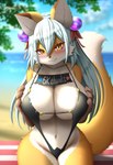 amber_eyes anthro big_breasts blush blush_lines breasts clothed clothing countershading dipstick_ears dipstick_tail ear_markings embarrassed eyebrows eyelashes female female_anthro fluffy fur gloves_(marking) grey_hair hair holding_breast kemono looking_at_viewer markings midriff multicolored_ears outside seaside sitting skimpy solo swimwear tail tail_markings text twitter_logo water wide_hips faroula twitter kohono_(faroula) canid canine fox mammal 2022 absurd_res english_text hi_res