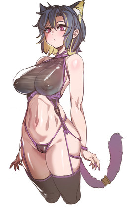 4_ears big_breasts black_hair blonde_hair breasts clothing eyebrows eyelashes female garter_straps genitals hair halter_top human_and_animal_ears humanoid_genitalia humanoid_vulva legwear lingerie multi_ear multicolored_hair navel nipples panties pink_eyes simple_background solo tail thigh_highs thong translucent translucent_clothing underwear vulva white_background bow_(artist) animal_humanoid cat_humanoid felid felid_humanoid feline feline_humanoid humanoid mammal mammal_humanoid 2025 hi_res