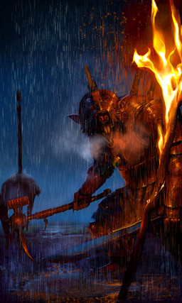 anthro armor black_body black_fur claws clothed clothing death facial_piercing fire fully_clothed fur gore headgear headless helmet holding_melee_weapon holding_object holding_sword holding_weapon jewelry looking_at_viewer male melee_weapon night nose_piercing nose_ring open_mouth pendant piercing raining red_eyes ring_piercing sharp_teeth solo spikes standing sword teeth tongue warpstone weapon whiskers mopbucket warhammer_(franchise) warhammer_fantasy queek_headtaker mammal murid murine rat rodent skaven 3:5 absurd_res colored hi_res