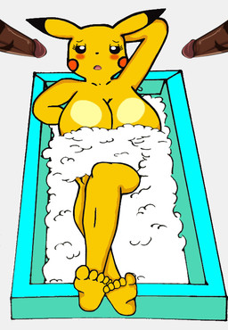 1000_hours_in_ms_paint 5_toes anthro anthrofied bath bathroom bathtub big_breasts blush breasts covering covering_breasts crossed_legs disembodied_penis erection feet female foam fur genitals group group_sex half-closed_eyes hindpaw humanoid_genitalia humanoid_penis looking_at_viewer male male/female narrowed_eyes open_mouth partially_submerged paws penis pokemorph seductive sex simple_background smile soles solo_focus threesome toes trio water yellow_body yellow_fur pikachu432 nintendo pokemon generation_1_pokemon human mammal pikachu pokemon_(species) rodent grandfathered_content