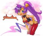 blue_eyes breasts clothing ear_piercing female hair humanoid_pointy_ears long_hair not_furry open_mouth piercing pointy_ears ponytail purple_hair solo text mogahonu shantae_(series) wayforward shantae genie humanoid 2018 english_text