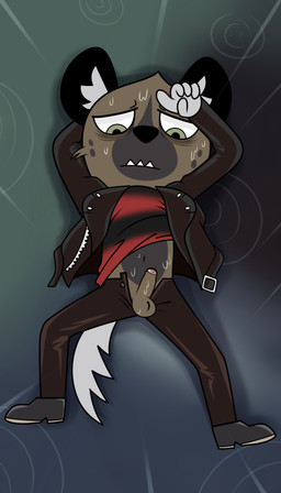 5_fingers anthro balls black_body black_fur brown_body brown_fur clothing erection fingers foreskin fur genitals green_eyes humanoid_genitalia humanoid_penis jacket leather leather_clothing leather_jacket leather_topwear lying male on_back penis raining shirt solo topwear underbite undershirt wet wet_body wet_fur white_body white_fur enookie aggretsuko sanrio haida_(aggretsuko) hyena mammal spotted_hyena absurd_res hi_res