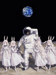 albino ambiguous_gender astronaut astronaut_suit barefoot blood blood_in_mouth blood_on_hand bodily_fluids clothing dress earth feet female group hair hand_holding leading long_hair moon moon_bunny moon_landing planet rabbit_ears red_eyes shadow space space_helmet spacesuit toes wavy_hair white_hair kotobuki_nashiko moon_rabbit albino_rabbit animal_humanoid humanoid lagomorph lagomorph_humanoid leporid_humanoid mammal mammal_humanoid rabbit_humanoid space_bunny 2021 hi_res sibling_(lore) sister_(lore) sisters_(lore)