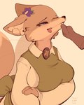 anthro blue_eyes breasts clothed clothing disembodied_hand duo female flower_on_ear inner_ear_fluff simple_background solo_focus tan_background tongue tongue_out tuft conditional_dnp tohupo kitsuki_(tohupo) canid canine fox mammal 2024 dated digital_media_(artwork) hi_res signature