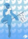 anthro beak blue_eyes bottomless breasts butt clothed clothing feathers female non-mammal_breasts solo twitter_logo ovorange twitter tweetfur avian bird 2019 colored hi_res meme