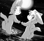 anthro butt detailed_background duo female flat_chested looking_at_viewer looking_back male moon night nude outside skinny_dipping sky standing star starry_sky tail water young young_anthro momiji_yu-ga canid canine fox mammal greyscale monochrome