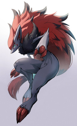 3_claws ambiguous_gender anthro blue_eyes chest_fur claws featureless_crotch floating fur gradient_background grey_body grey_fur hair long_hair pose red_hair simple_background small_waist smile smiling_at_viewer solo thick_thighs o_hitu_g nintendo pokemon generation_5_pokemon pokemon_(species) zoroark 2025 absurd_res digital_media_(artwork) hi_res signature