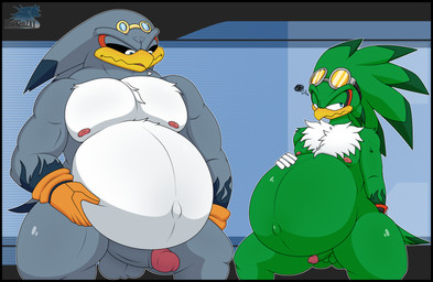 anthro balls beak belly big_belly big_penis black_border black_sclera blue_eyes border chest_tuft clothing duo erection eyewear feathers genitals glans gloves goggles green_body grey_body hand_on_belly handwear huge_belly male markings musclegut muscular navel nipples outie_navel pecs penis pregnant pregnant_anthro pregnant_male simple_background size_difference thick_thighs tuft white_body blazkenzxy sega sonic_riders sonic_the_hedgehog_(series) jet_the_hawk storm_the_albatross accipitrid accipitriform albatross avian bird procellariiform 2026 absurd_res digital_drawing_(artwork) digital_media_(artwork) hi_res signature