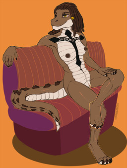 anthro biped breasts dreadlocks female genitals looking_at_viewer nipples non-mammal_breasts non-mammal_nipples nude sitting solo vulva jeanwoof lizard reptile scalie hi_res