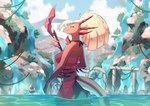 anthro blonde_hair breasts clothing cloud day detailed_background female hair holding_melee_weapon holding_object holding_polearm holding_weapon horn looking_at_viewer melee_weapon outside partially_submerged polearm side_view smile solo standing_in_water tail water waterfall weapon trialestis mythology razulia_(trololohstuffs) dragon mythological_creature mythological_scalie scalie 2022 absurd_res digital_media_(artwork) hi_res