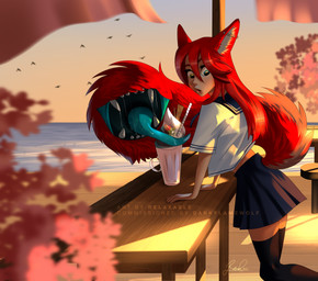 beach beverage boardwalk bottomwear clothed clothing drinking_straw ear_piercing female fur furgonomics furniture hair heterochromia industrial_piercing legwear milkshake piercing red_body red_fur red_hair sand school_uniform seaside skirt solo stockings sunset table tail tail_mouth tail_through_skirt tongue tongue_out uniform unusual_anatomy unusual_tail relaxablefur legend_of_ahya ahya_(legend_of_ahya) taylor_renee_wolford_(darkflamewolf) animal_humanoid canid canid_humanoid canine canine_humanoid canis humanoid mammal mammal_humanoid wolf absurd_res hi_res