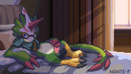 anthro aviator_glasses balls bed bedroom bedroom_sex claws detailed_background erection eyewear feathers feet furniture genitals glasses green_body green_feathers hand_on_penis horn inside lying lying_on_bed male mask masturbation nude_anthro on_back on_bed penile penile_masturbation penis pink_penis presenting presenting_balls presenting_penis scarf solo stroking_penis talons toes window nante-p bandai_namco digimon digimon_(species) pteromon animated digital_media_(artwork) frame_by_frame hi_res pixel_(artwork) pixel_animation