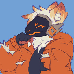 anthro black_clothing black_shirt black_topwear clothing fur gloves handwear machine male orange_body orange_fur orange_visor puffer_jacket shirt solo topwear torn_puffer white_body white_fur strongminttoby asherprotogen_(strongminttoby) protogen 1:1 hi_res