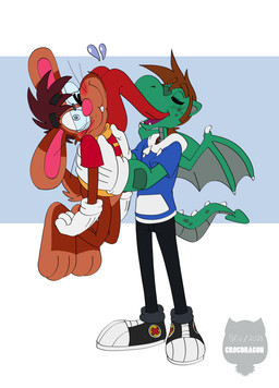 3_toes 4_fingers anthro big_feet big_tongue blush blush_lines bottomwear cartoon_gloves clothing duo face_lick feet fingers footwear hoodie licking long_tongue male male/male open_mouth pants paws red_tongue shoes size_difference sneakers tail toes tongue tongue_out toony toony_expression topwear torso_grab whiskers wings crocdragon89 mythology joshua_edgars_(crocdragon89) roderick_(tamerkoh) toon_joshua_edgars_(crocdragon89) dragon lagomorph leporid mammal mythological_creature mythological_scalie rabbit scalie absurd_res hi_res