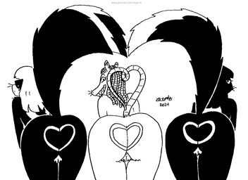 anthro bald_tail butt curled_tail eyewear female fluffy fluffy_tail fur grin group hair looking_back nude nude_anthro nude_female presenting presenting_hindquarters raised_tail rear_view skunk_tail smile sunglasses tail thin_tail trio whiskers tegerio zandar's_saga kelly_o'dor mara_(tegerio) mavis_macfogg american_opossum mammal marsupial mephitid skunk virginia_opossum 2024 black_and_white monochrome traditional_media_(artwork)