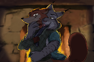 accessory backlighting black_nose blood bodily_fluids claws clothed clothing clothing_pull duo fireplace fur grey_body grey_fur hug hugging_another hugging_from_behind intimate light male male/male necktie necktie_pull open_clothing open_shirt open_topwear orange_body orange_fur pink_nose scratching shirt smile sweater tail teeth tongue tongue_out topwear whiskers meilsfox disney zootopia nick_wilde pawbert_lynxley canid canine felid feline fox lynx mammal hi_res lighting