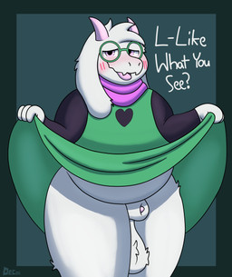 animal_genitalia anthro balls blush blush_lines clothed clothing clothing_lift dialogue eyewear flesh_fang floppy_ears fur genitals glasses green_eyewear green_glasses head_horn heart_symbol horn male penis penis_tip pink_eyes pink_horn pink_penis pink_scarf robe round_glasses scarf sheath slightly_chubby solo text wearing_glasses white_body white_fur december_dreams deltarune undertale_(series) ralsei bovid caprine goat mammal 2026 absurd_res english_text hi_res