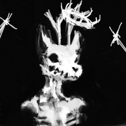 ambiguous_gender anthro antlers black_background bone cross crown headgear horn rib_cage simple_background skeleton skull solo hooki unknown_species 1:1 character_request monochrome unfinished