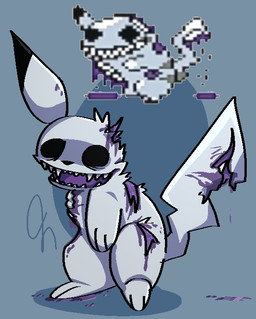 ambiguous_gender black_ears black_eyes blood bodily_fluids bone creepy_smile empty_eyes exposed_bone fangs feral gore grey_body grey_ears grey_tail missing_arm missing_ear open_mouth paws sharp_teeth smile solo tail teeth wounded hevinsane creepypasta nintendo pokemon snow_on_mt._silver_(creepypasta) freakachu generation_1_pokemon pikachu pokemon_(species) signature